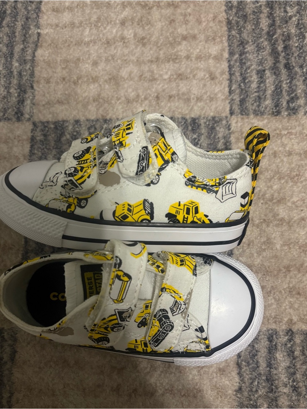 Kids White Canvas Sneakers with Yellow Construction Truck Print
